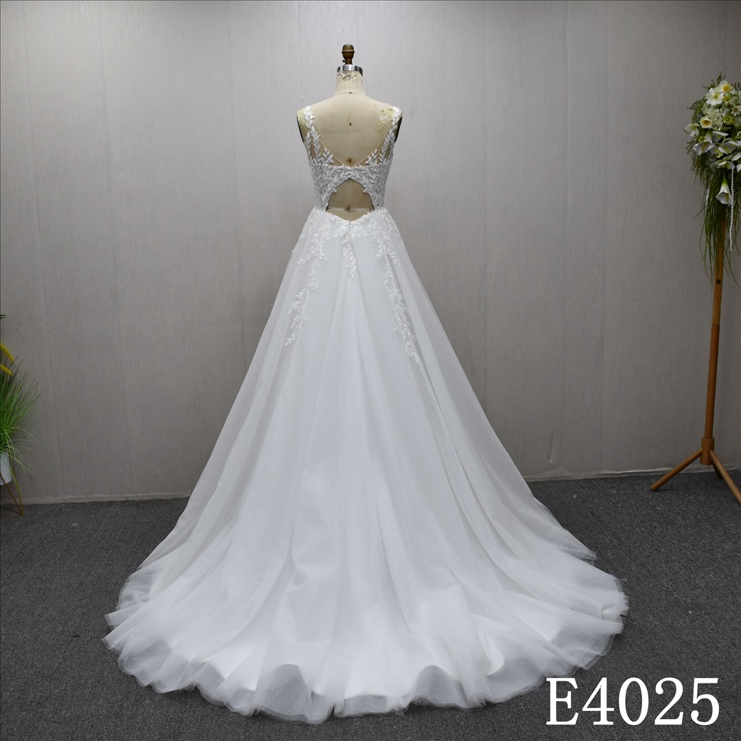 Beautiful unique luxury A-line wedding evening dress with lace flowers and beading