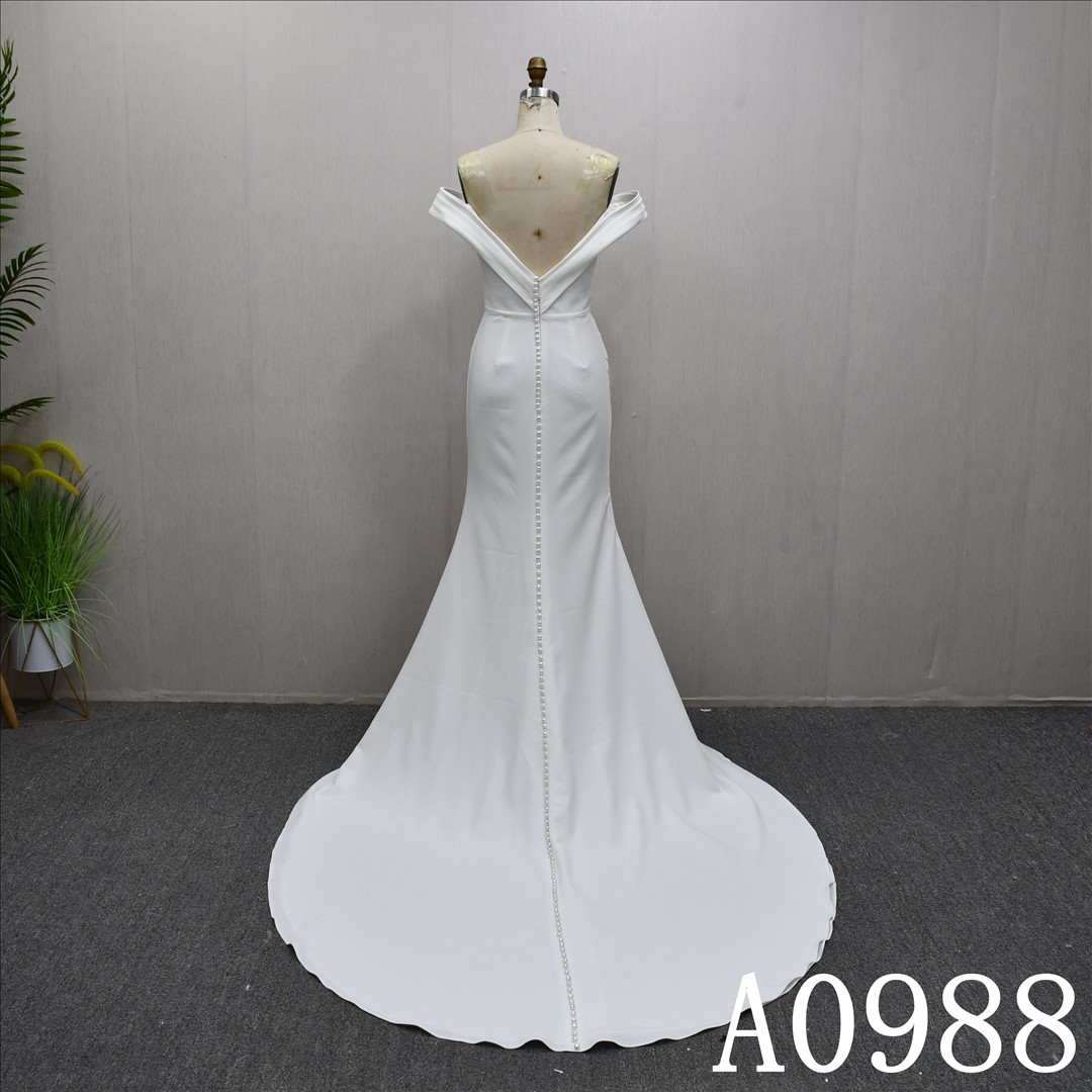 Best selling A-line dress, simple satin design, sweep train wedding evening gown