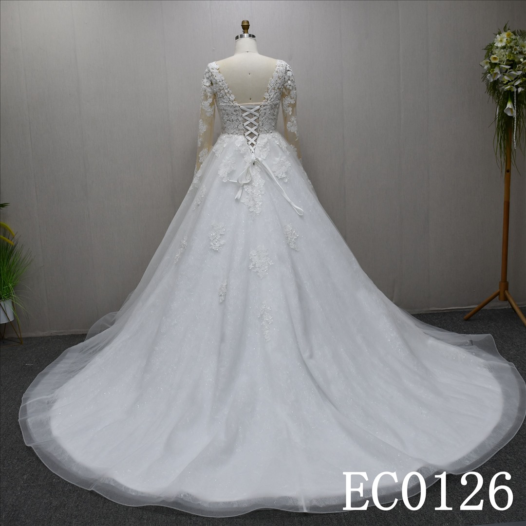 New Lace and Sequins and Beading V-neckline Long sleeves A-line wedding evening gown