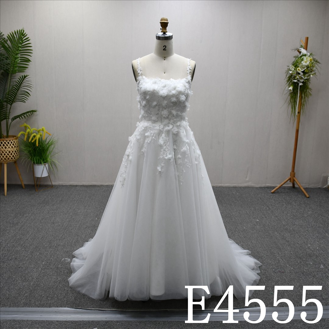 Bridal Dress Factory Stock  Boat Neckline A-line dress features With  Lace Flower
