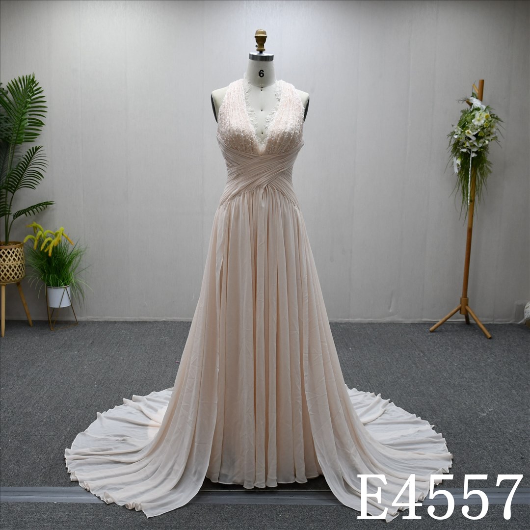 Bridal Dress Factory Stock  V Neckline A-line dress features With  Lace Flower