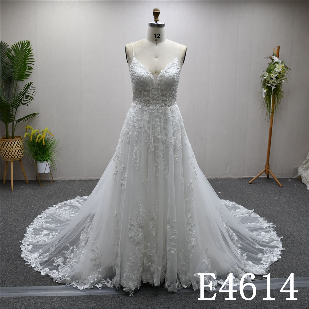 China Bridal Dress Factory  A-lined V-neck  Simple dress features