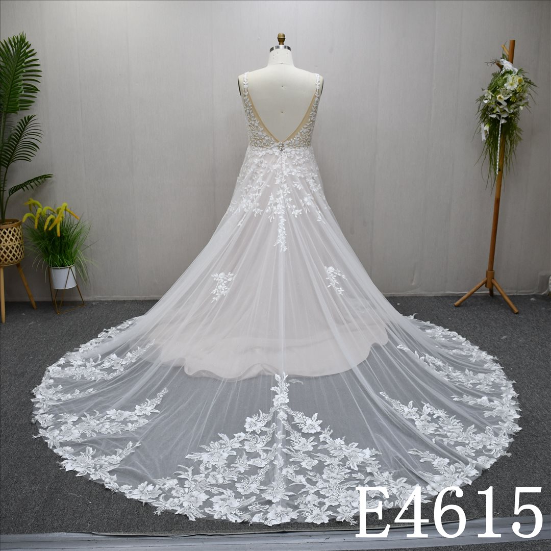 China Bridal Dress Factory  A-lined V-neck  Simple dress features Lace