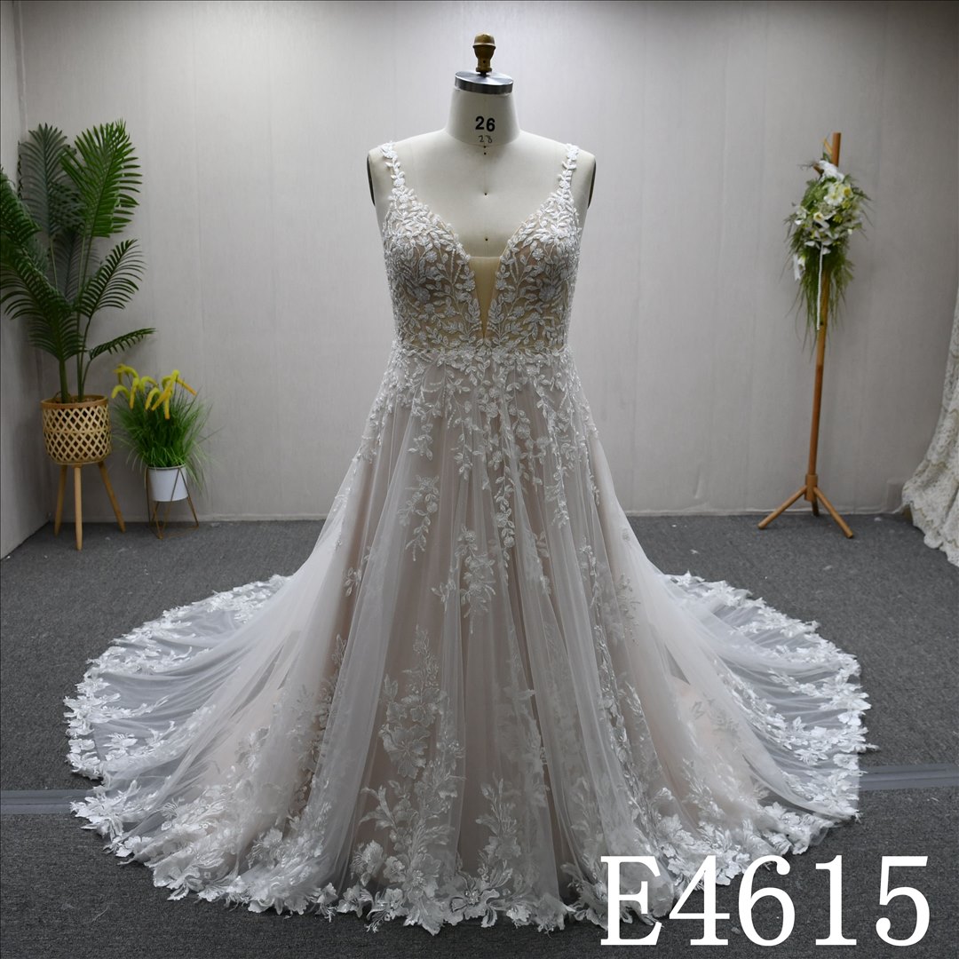 China Bridal Dress Factory  A-lined V-neck  Simple dress features Lace