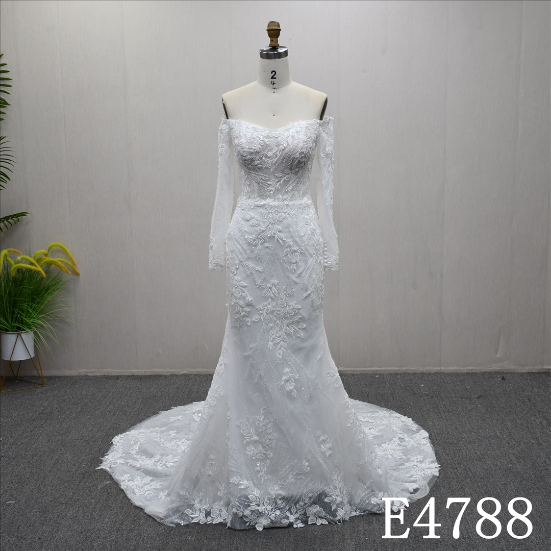 Guangzhou Bridal Gown Factory Long Sleeve Off-Shoulder Mermaid Bridal Gown Lace Wedding Dress