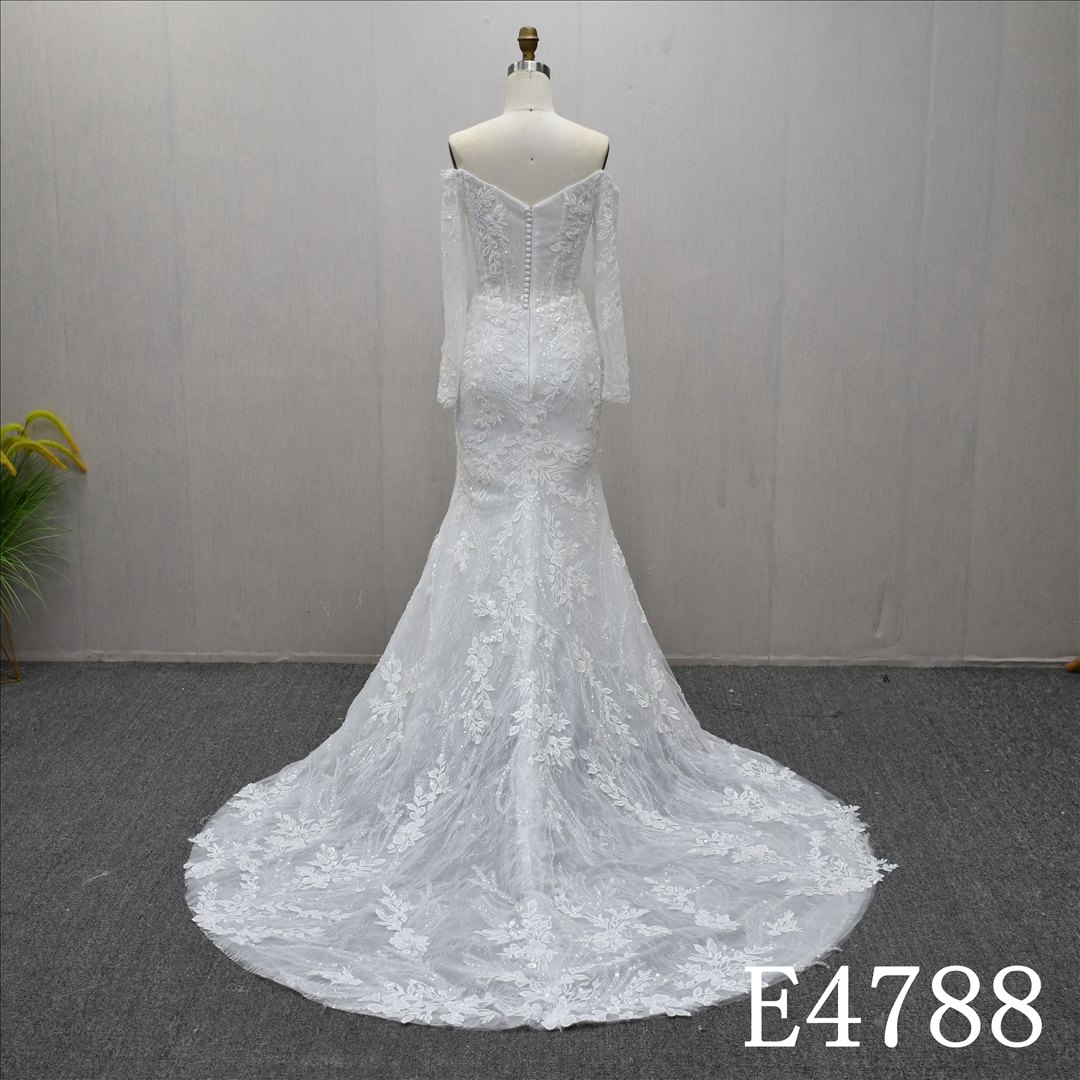 Guangzhou Bridal Gown Factory Long Sleeve Off-Shoulder Mermaid Bridal Gown Lace Wedding Dress