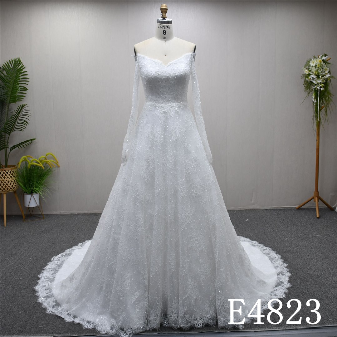 Guangzhou Bridal Gown Factory Long Sleeve Off-Shoulder Mermaid Bridal Gown Lace Wedding Dress