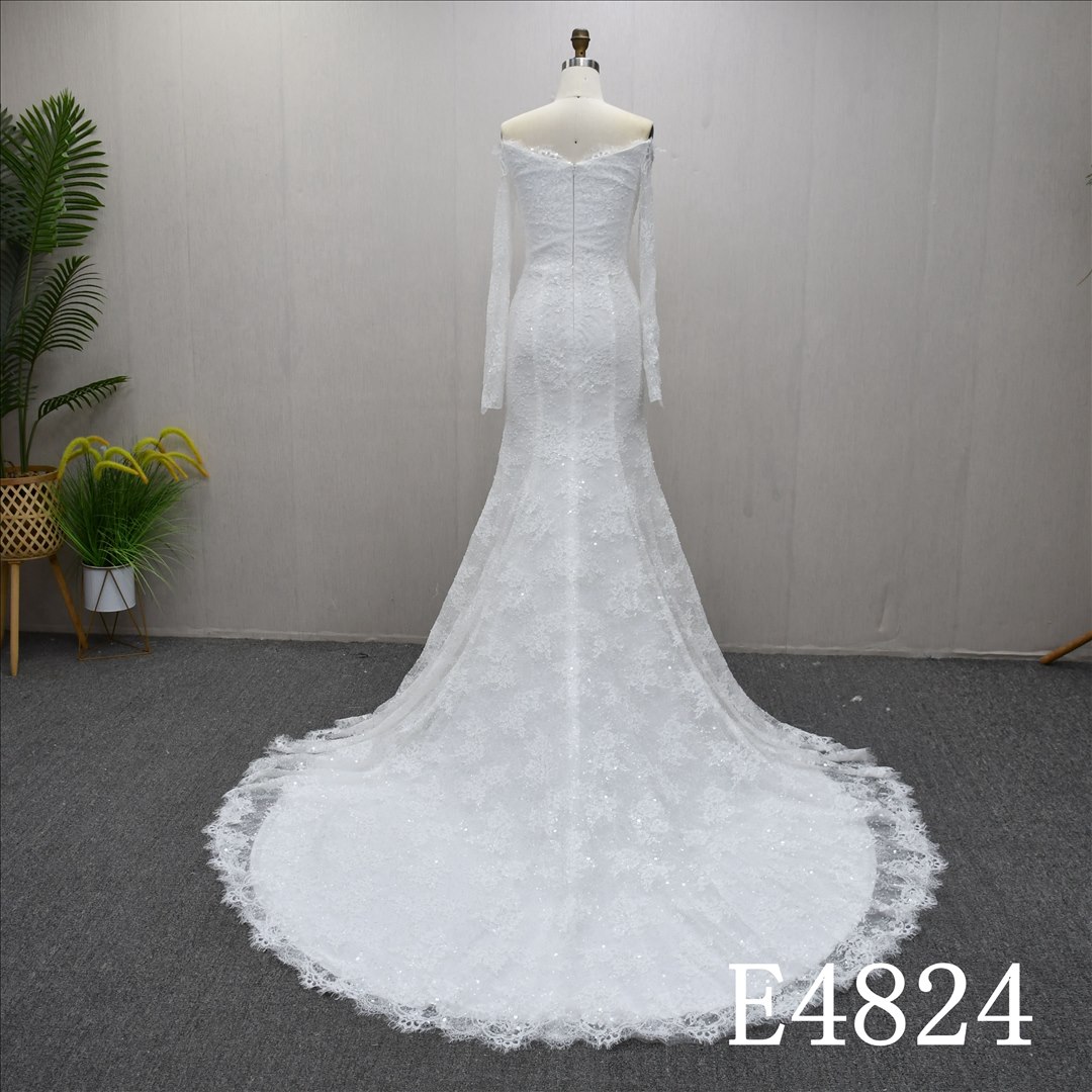 Guangzhou Bridal Gown Factory Long Sleeve Off The Shoulder Mermaid Bridal Gown Lace Wedding Dress