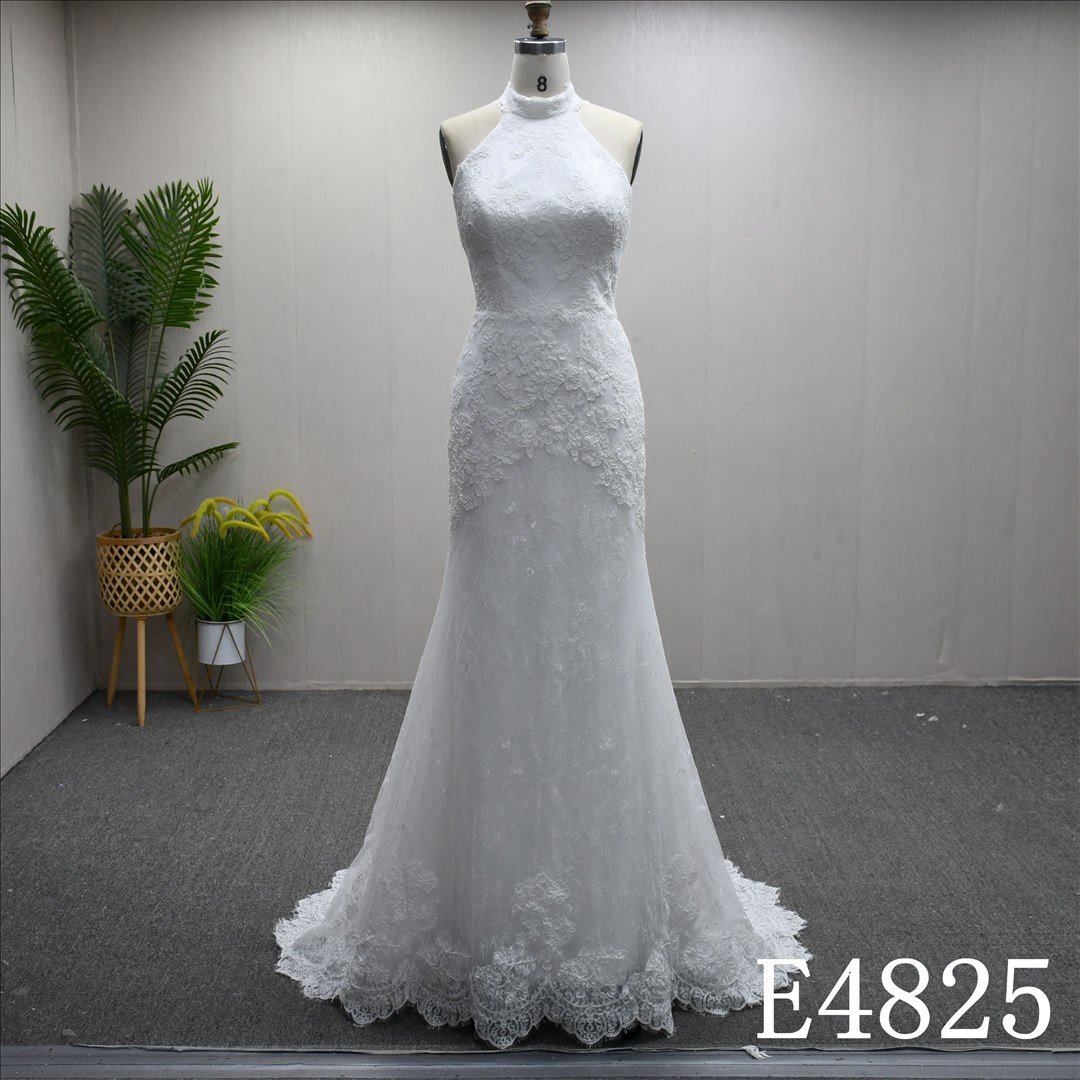 Guangzhou Bridal Gown Factory Sleeveless Halter Mermaid Bridal Gown Lace Wedding Dress