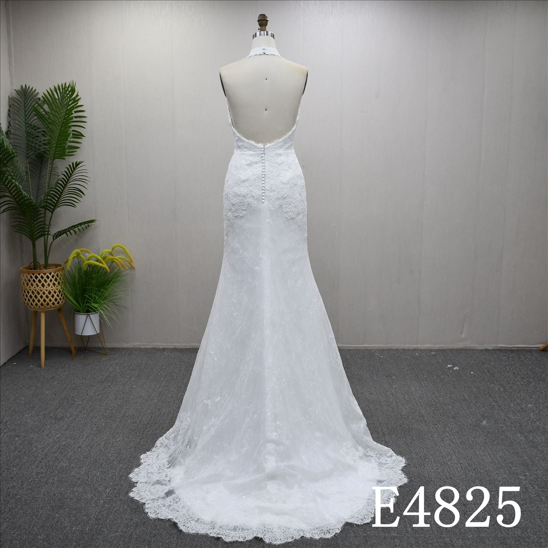 Guangzhou Bridal Gown Factory Sleeveless Halter Mermaid Bridal Gown Lace Wedding Dress
