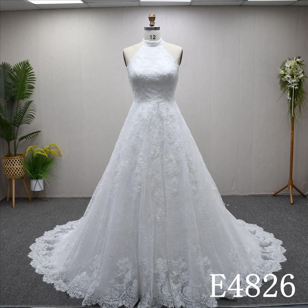 Guangzhou Bridal Gown Factory Halter Sleeveless  Mermaid Bridal Gown Lace Wedding Dress
