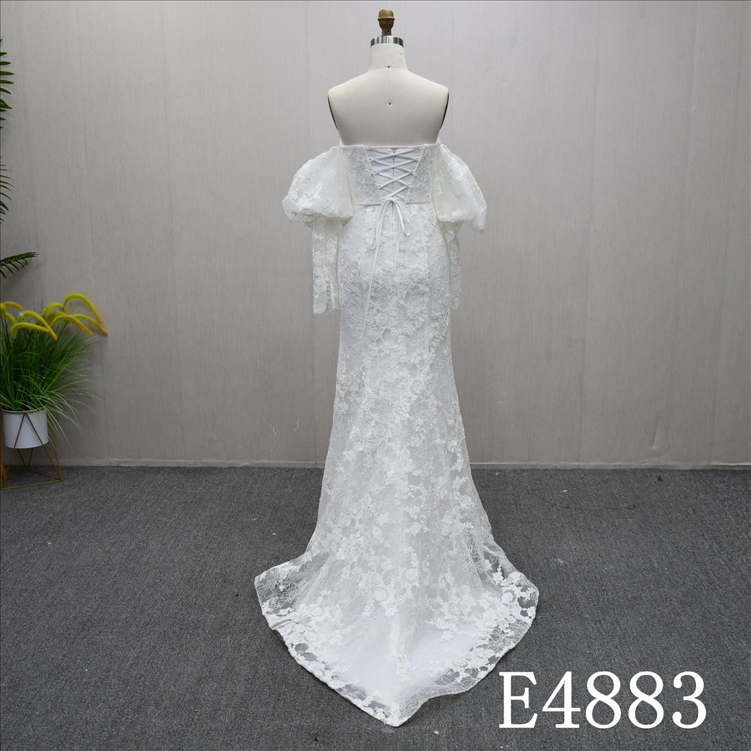 Guangzhou Factory Strapless Square Neck Mermaid Wedding Dress Detachable Off The Shoulder Puff Sleeves Full Lace Bridal Gown