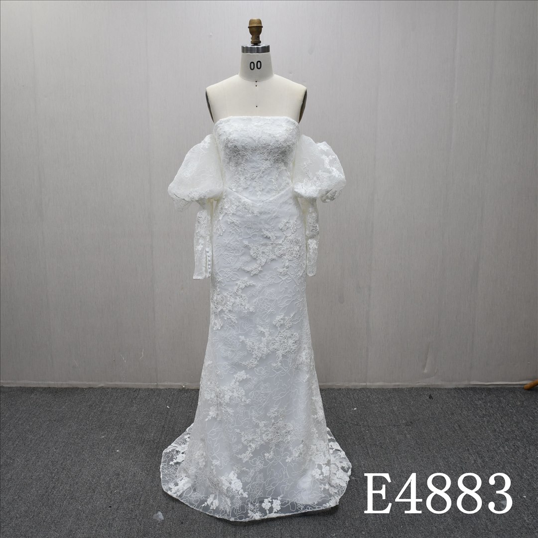 Guangzhou Factory Strapless Square Neck Mermaid Wedding Dress Detachable Off The Shoulder Puff Sleeves Full Lace Bridal Gown