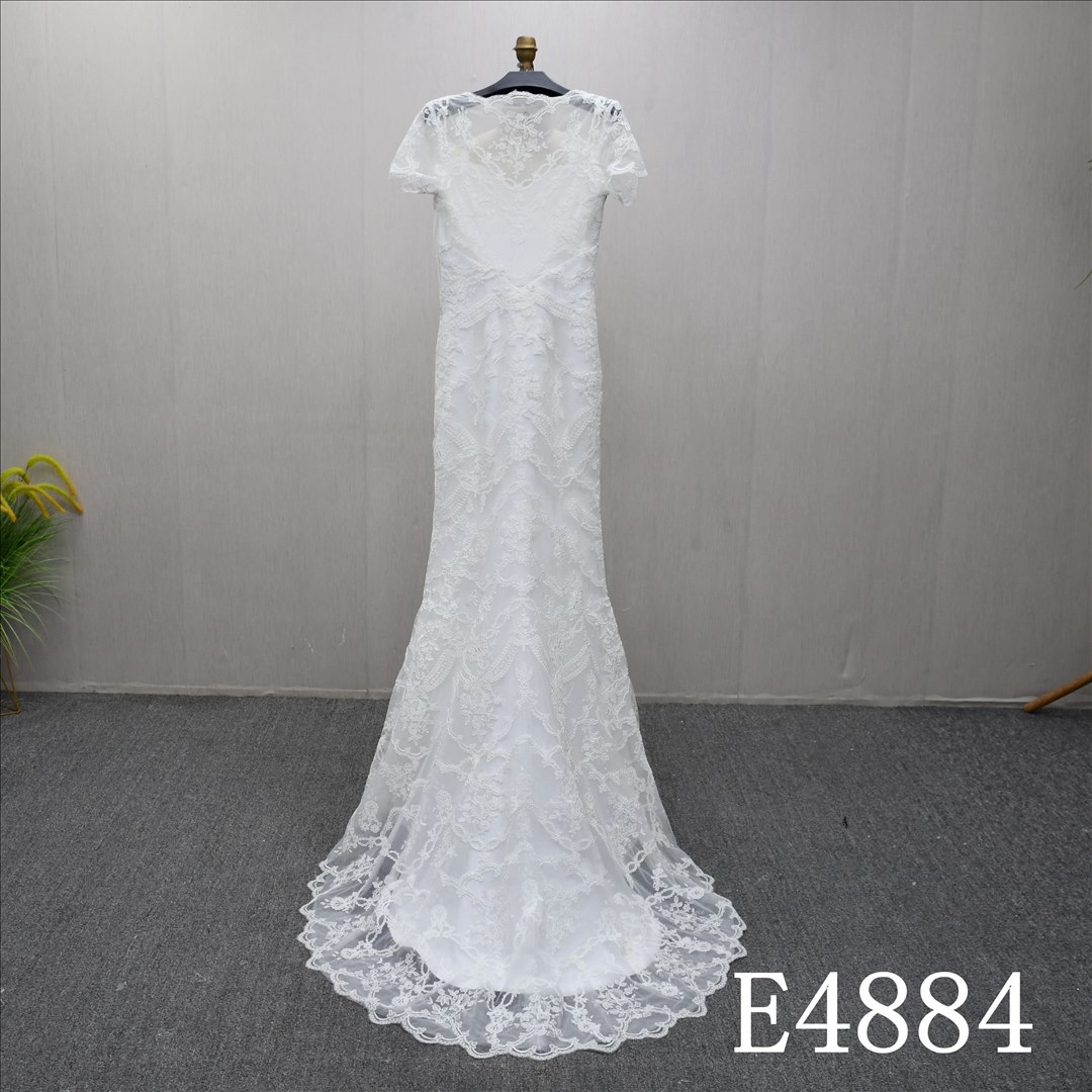 Guangzhou Factory Illusion Sweetheart Mermaid Wedding Dress Short Cap Sleeves Full Lace Bridal Gown With Sweep Train