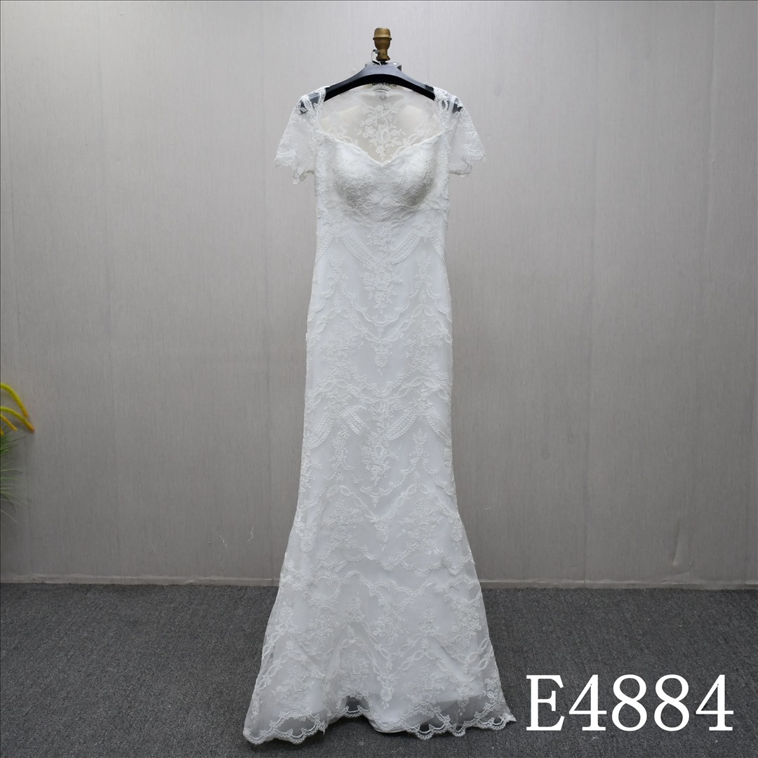 Guangzhou Factory Illusion Sweetheart Mermaid Wedding Dress Short Cap Sleeves Full Lace Bridal Gown With Sweep Train
