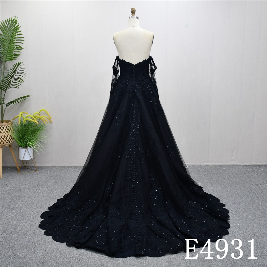 Guangzhou Dress Factory Black Off Shoulder Sweetheart  Dress Lace Appliques Beaded Tulle Evening Gown