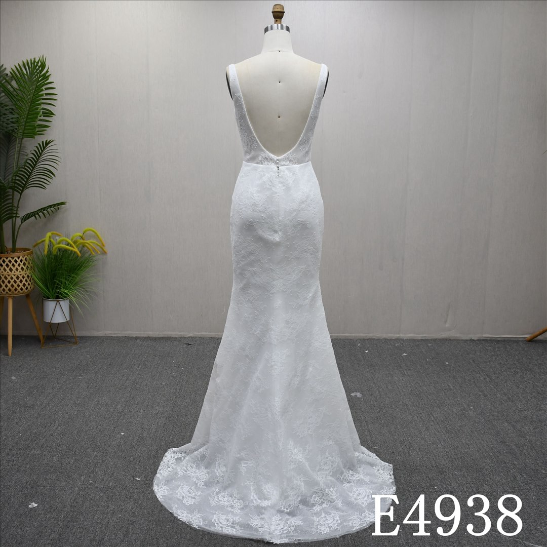 Guangzhou Bridal Gown Factory Square Neck Lace Mermaid Wedding Dress Deep V Back Sweep Train Bridal Gown