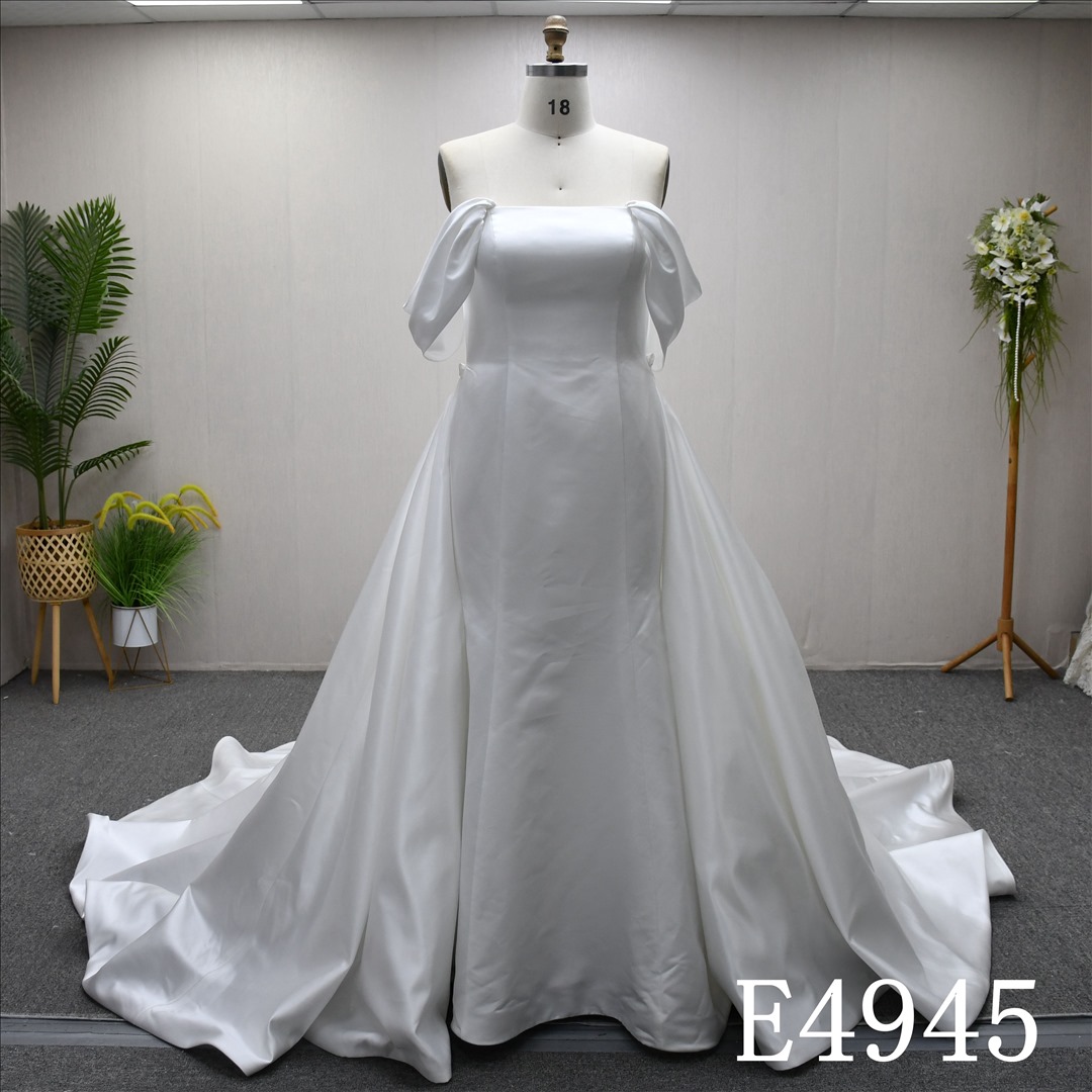 Guangzhou Bridal Gown Factory Strapless Square Satin Mermaid Wedding Dress With Detachable Cathedral Overskirt Bridal Gown