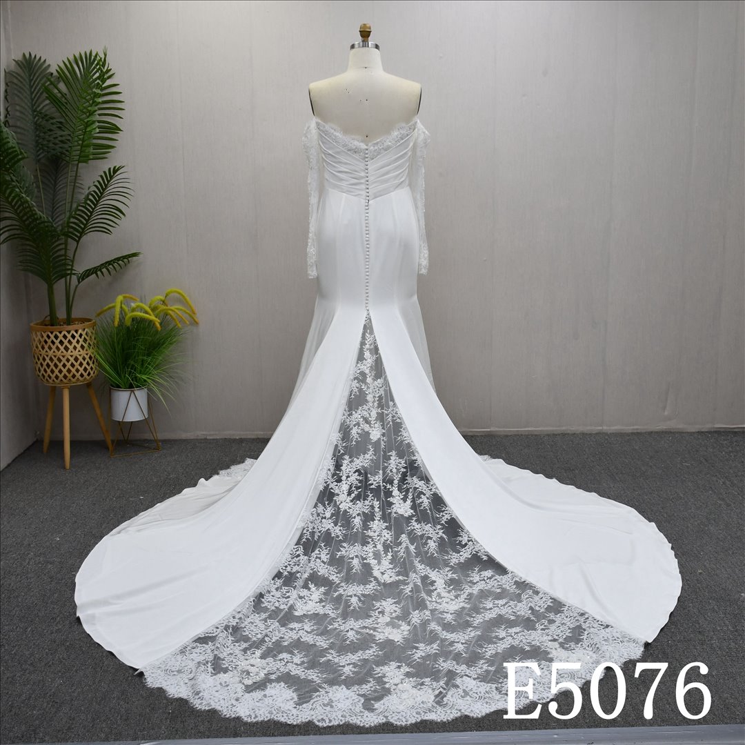 Guangzhou Bridal Gown Factory Off The Shoulder Satin Mermaid Wedding Dress Long Lace Sleeve  Bridal Gown