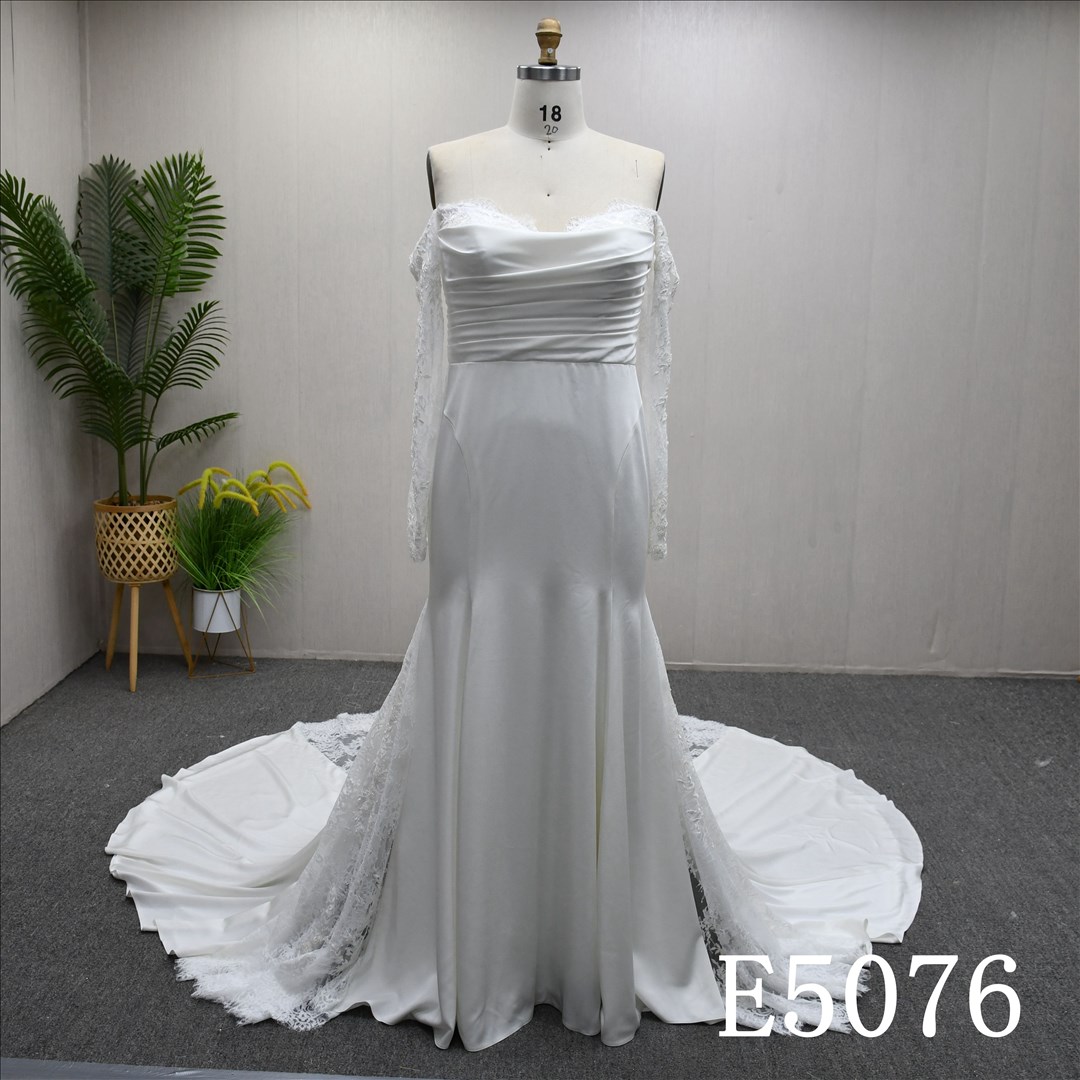 Guangzhou Bridal Gown Factory Off The Shoulder Satin Mermaid Wedding Dress Long Lace Sleeve  Bridal Gown