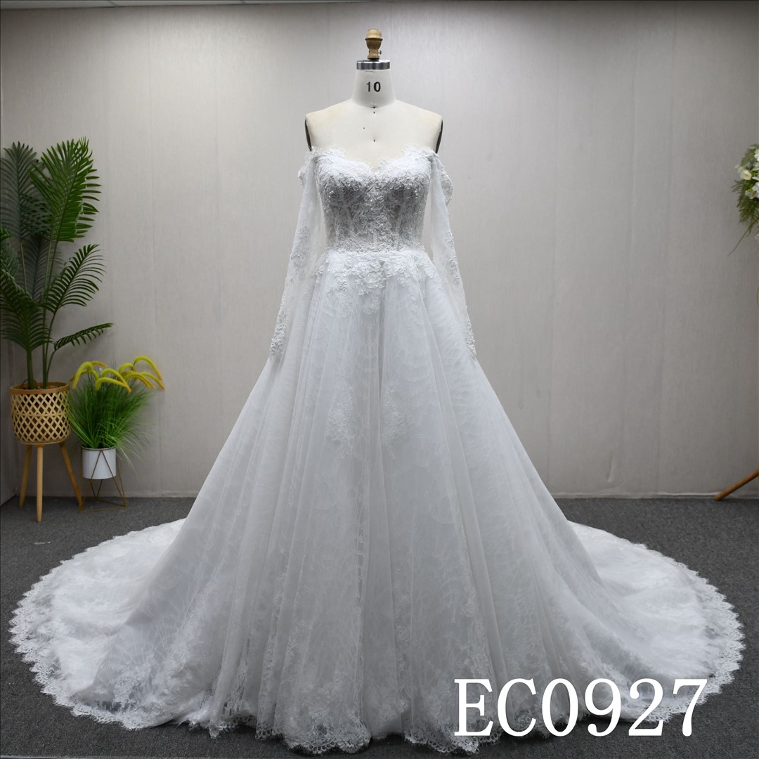 Guangzhou Bridal Gown Factory Off The Shoulder Sweetheart Lace Tulle Ball Gown Wedding Dress Long Sheer Sleeve Cathedral Train Bridal Gown