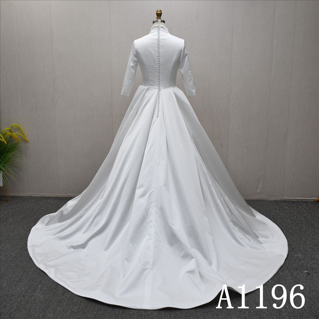 Guangzhou Bridal Gown Factory Satin A Line Wedding Dress High V Neck 3/4 Sleeve Chapel Train Bridal Gown With Button Back