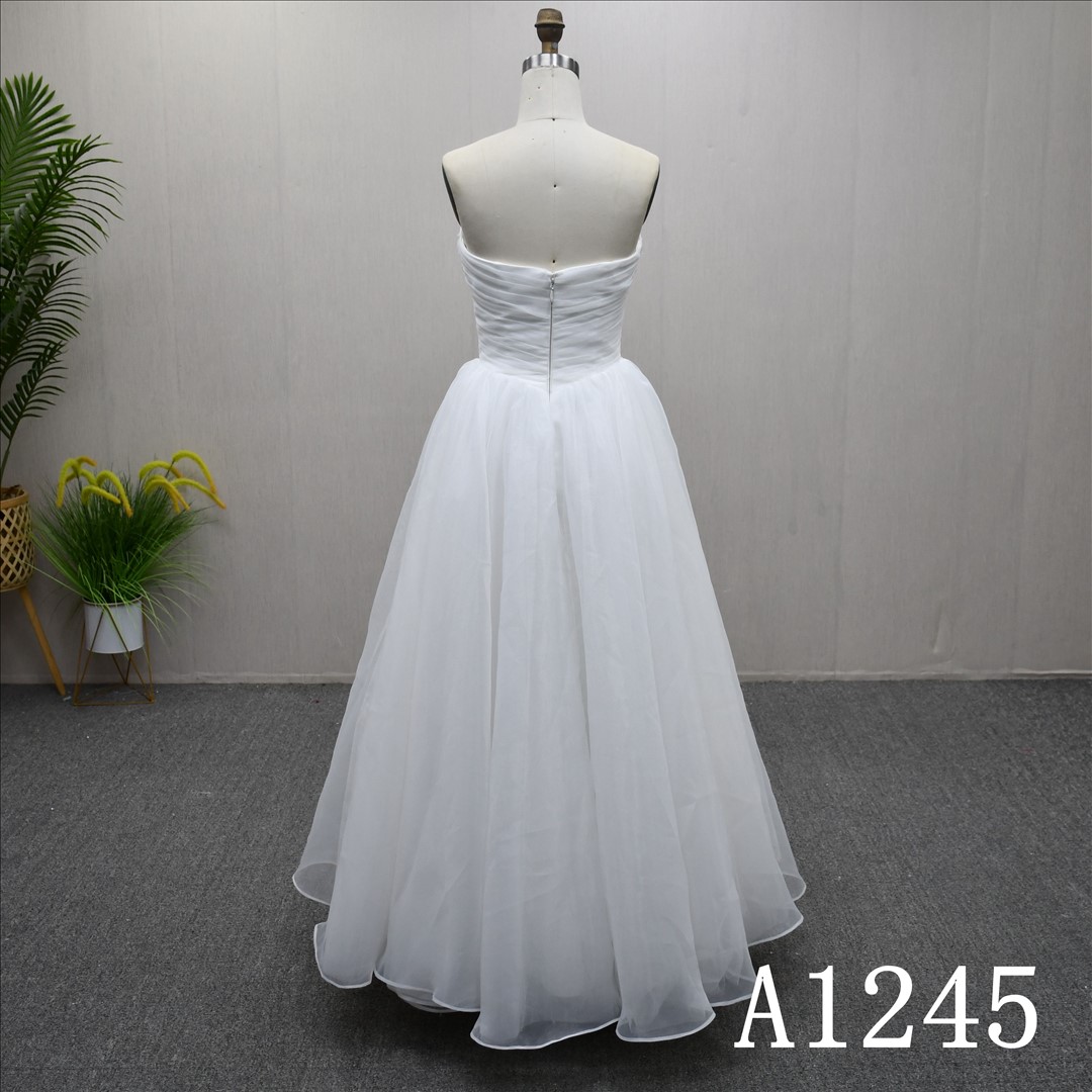 Guangzhou Bridal Gown Factory Strapless Ruched Tube Neck Organza A Line Ankle Length Wedding Dress Zipper Back Bridal Gown