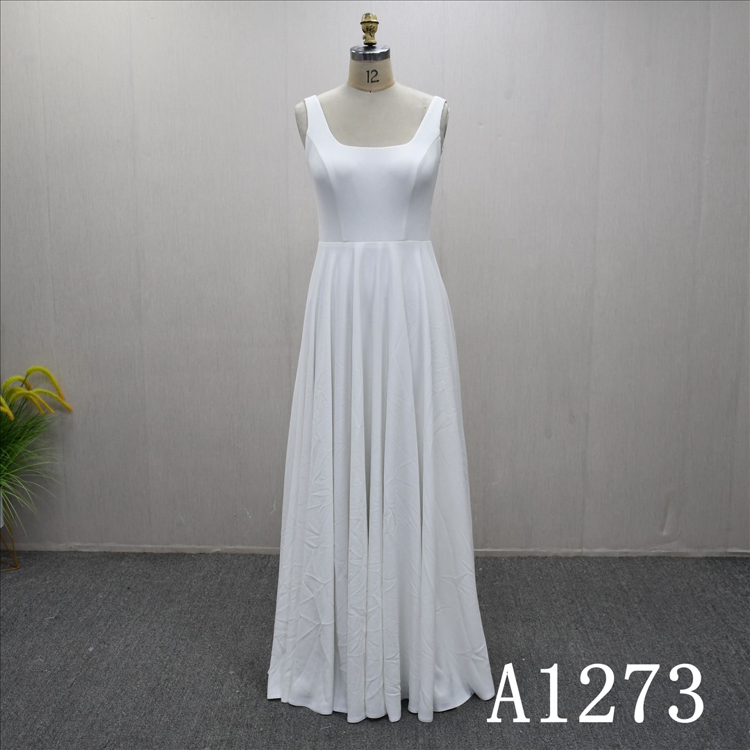 Guangzhou Bridal Gown Factory Square Neck Sleeveless Chiffon A Line Floor Length Wedding Dress Lace Up Back Bridal Gown