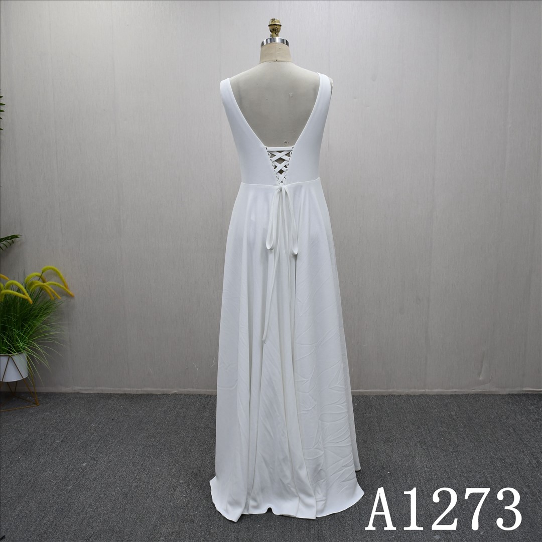 Guangzhou Bridal Gown Factory Square Neck Sleeveless Chiffon A Line Floor Length Wedding Dress Lace Up Back Bridal Gown