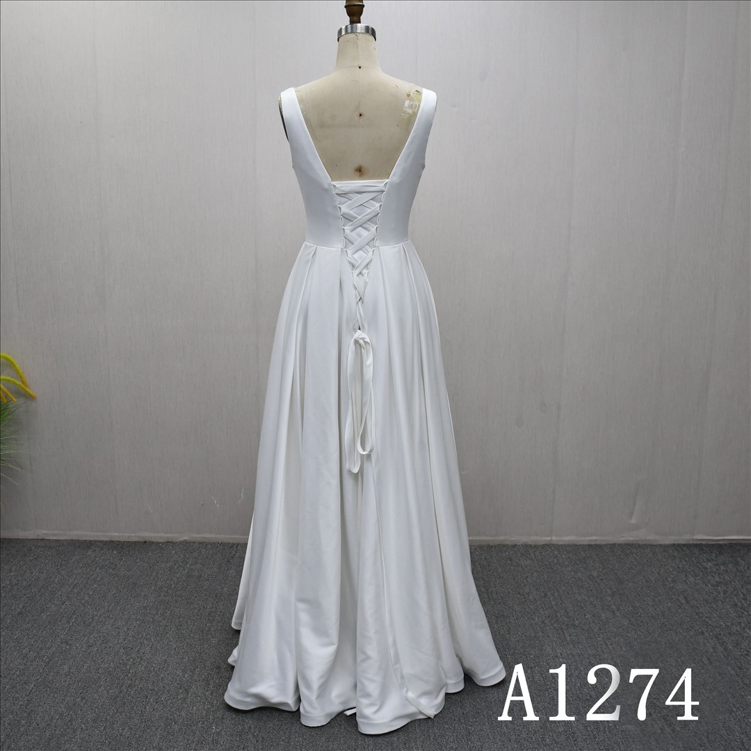 Guangzhou Bridal Gown Factory Square Neck Sleeveless Satin A Line Floor Length Wedding Dress Lace Up Corset Back Bridal Gown