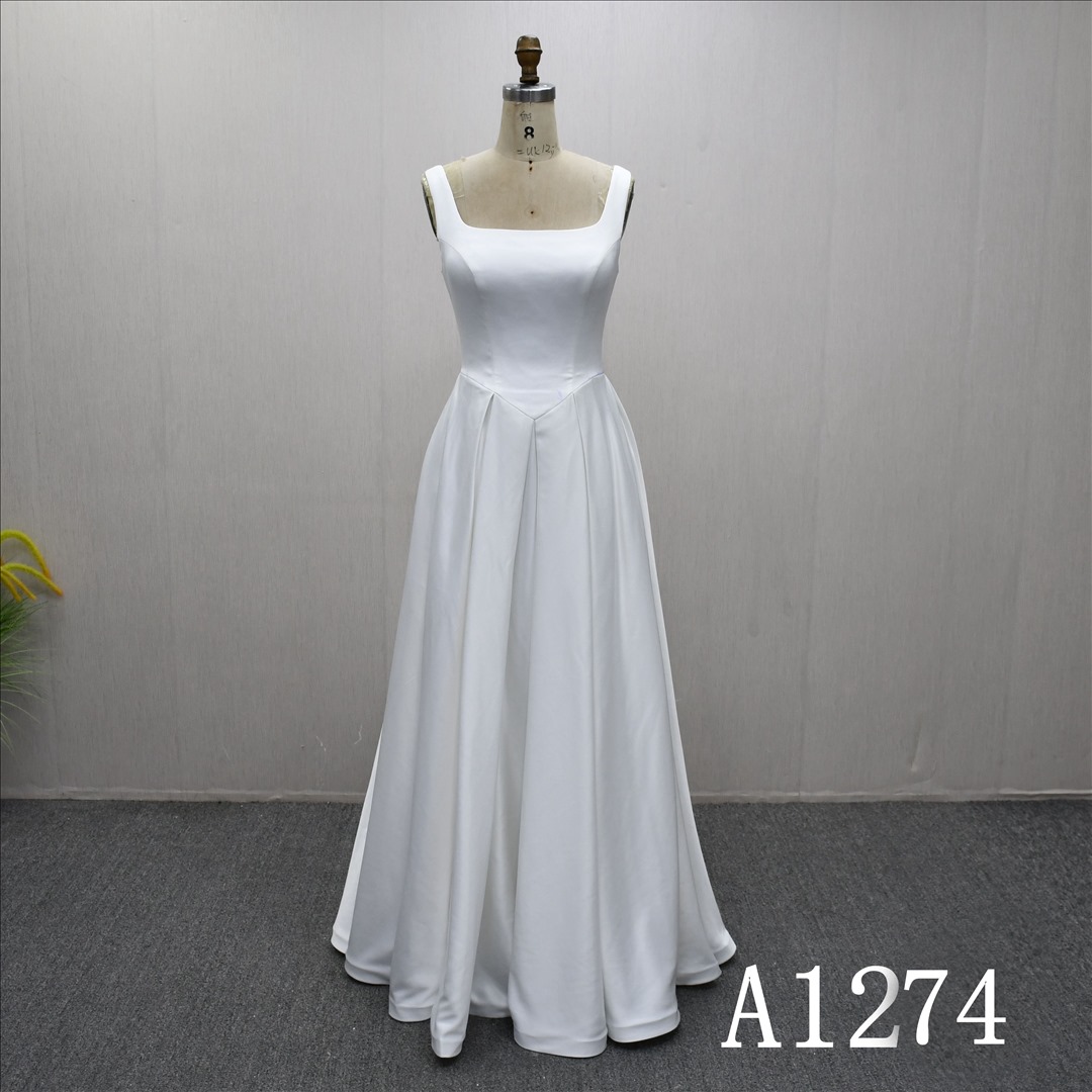 Guangzhou Bridal Gown Factory Square Neck Sleeveless Satin A Line Floor Length Wedding Dress Lace Up Corset Back Bridal Gown