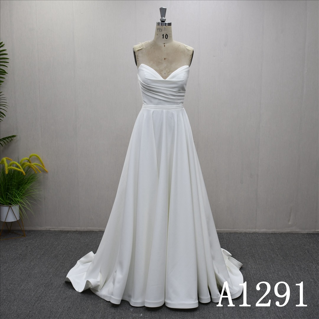 Guangzhou Bridal Gown Factory Strapless Sweetheart Ruched Satin A Line Wedding Dress Sweep Train Pearl Button Back Bridal Gown