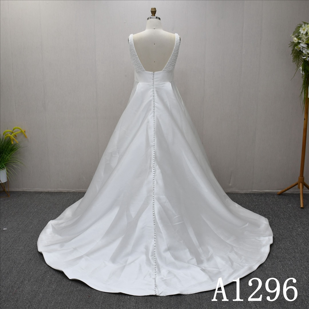 Guangzhou Bridal Gown Factory Deep V Neck Beaded Bodice Satin A Line Wedding Dress Sweep Train Pearl Button Back Bridal Gown