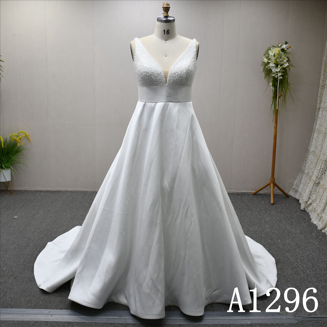 Guangzhou Bridal Gown Factory Deep V Neck Beaded Bodice Satin A Line Wedding Dress Sweep Train Pearl Button Back Bridal Gown