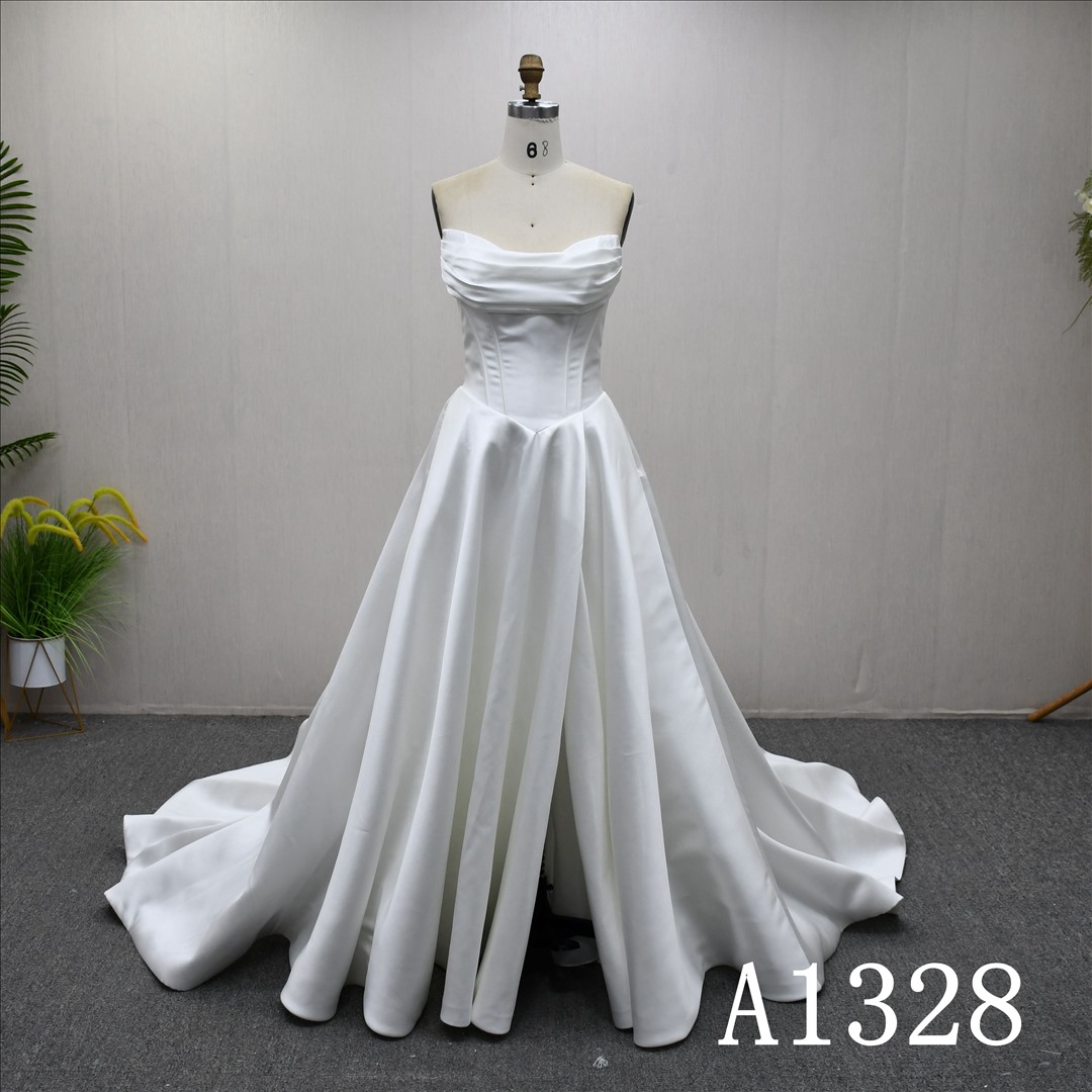 Guangzhou Bridal Gown Factory Strapless Draped Satin A Line Wedding Dress Chapel Train Button Back Bridal Gown