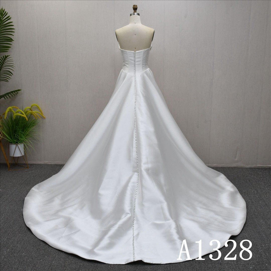 Guangzhou Bridal Gown Factory Strapless Draped Satin A Line Wedding Dress Chapel Train Button Back Bridal Gown
