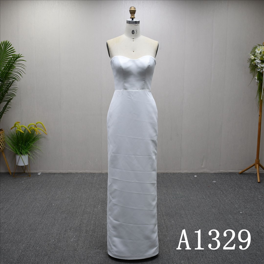 Guangzhou Bridal Gown Factory Strapless Draped Satin Sheath Wedding Dress