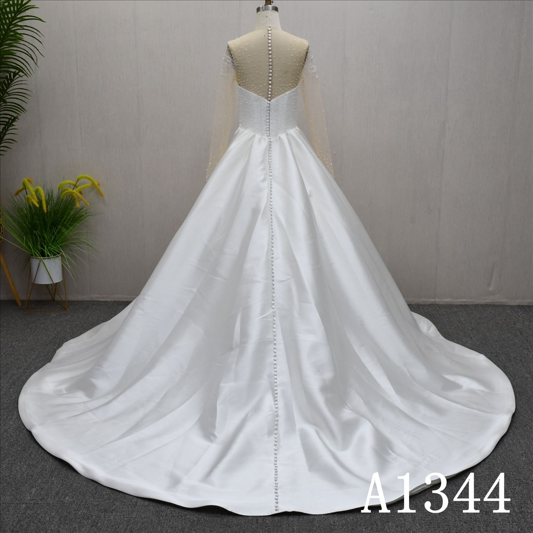 Guangzhou Bridal Gown Factory Illusion High Neck Long Beaded Sleeve A-Line Satin Wedding Dress Chapel Train Pearl Button Back Bridal Gown