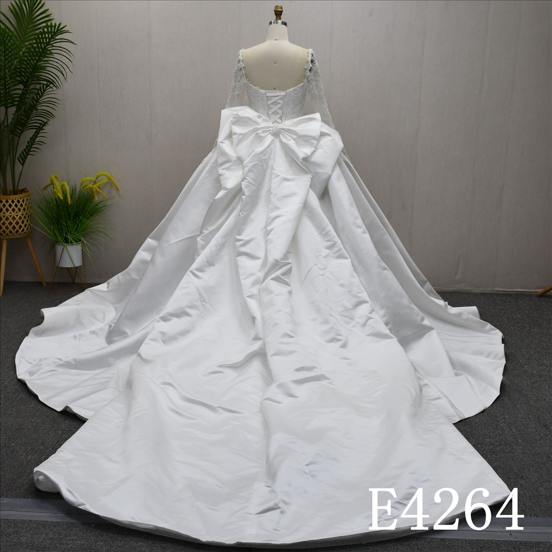 Guangzhou Bridal Gown Factory Square Neck Long Beaded Sleeve Satin Ball Gown Wedding Dress Royal Train Corset Lace Up Big Bow Back Bridal Gown