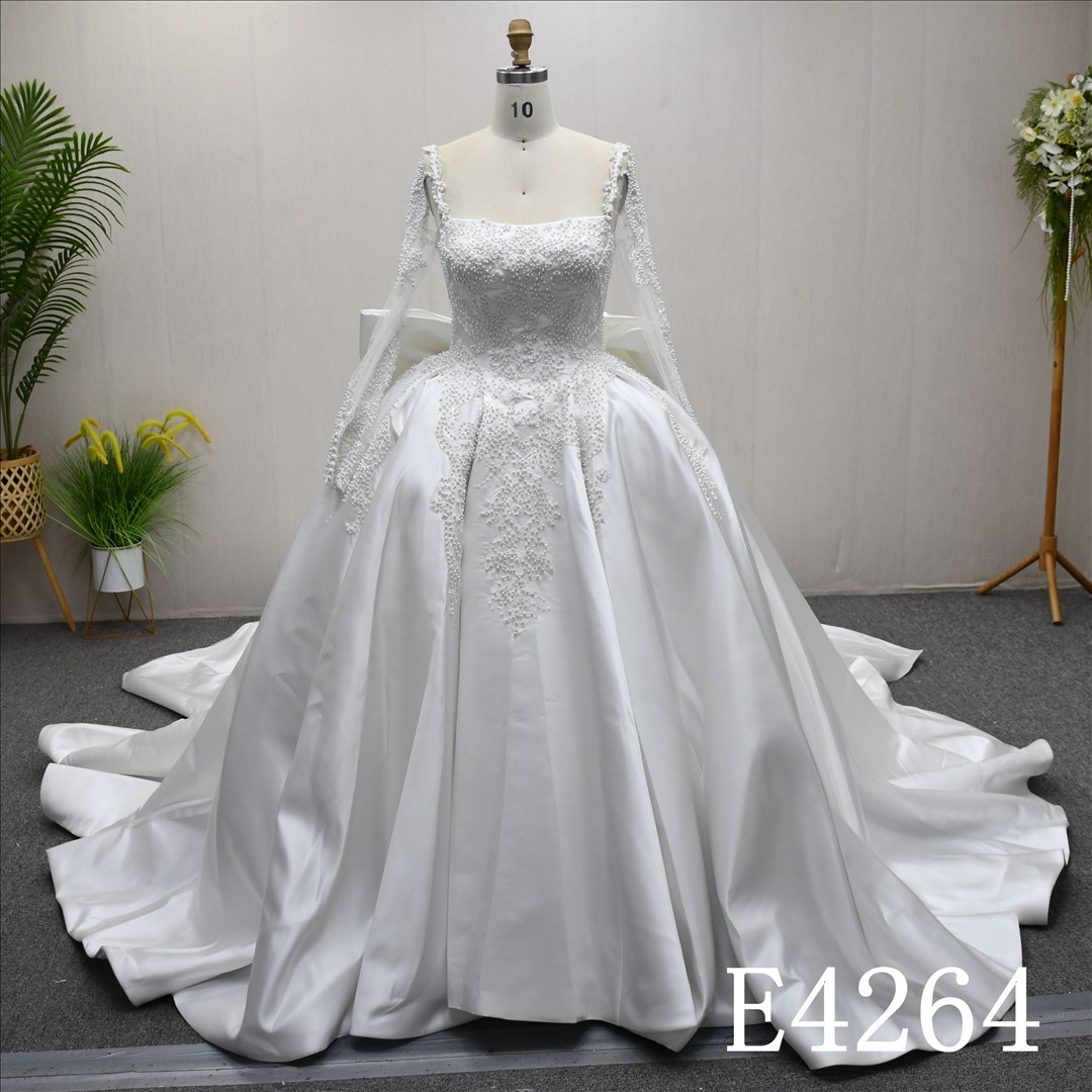 Guangzhou Bridal Gown Factory Square Neck Long Beaded Sleeve Satin Ball Gown Wedding Dress Royal Train Corset Lace Up Big Bow Back Bridal Gown