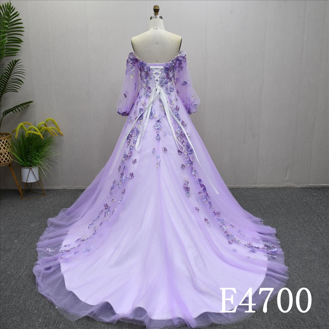 Guangzhou Evening Dress Factory Lavender Off The Shoulder Puff Long Sleeve 3D Floral A Line Evening Gown Chapel Train Corset Lace Up Formal Dress