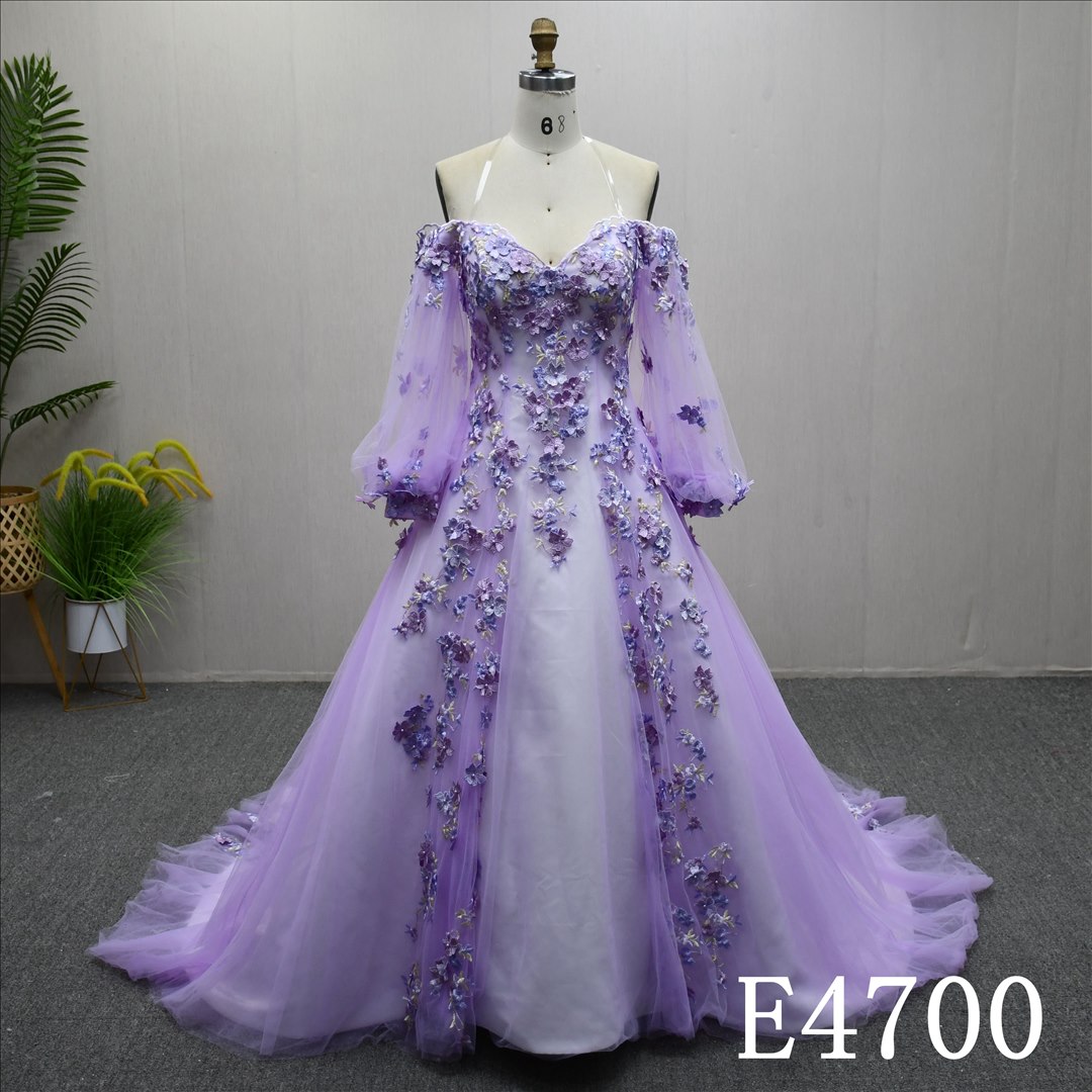 Guangzhou Evening Dress Factory Lavender Off The Shoulder Puff Long Sleeve 3D Floral A Line Evening Gown Chapel Train Corset Lace Up Formal Dress