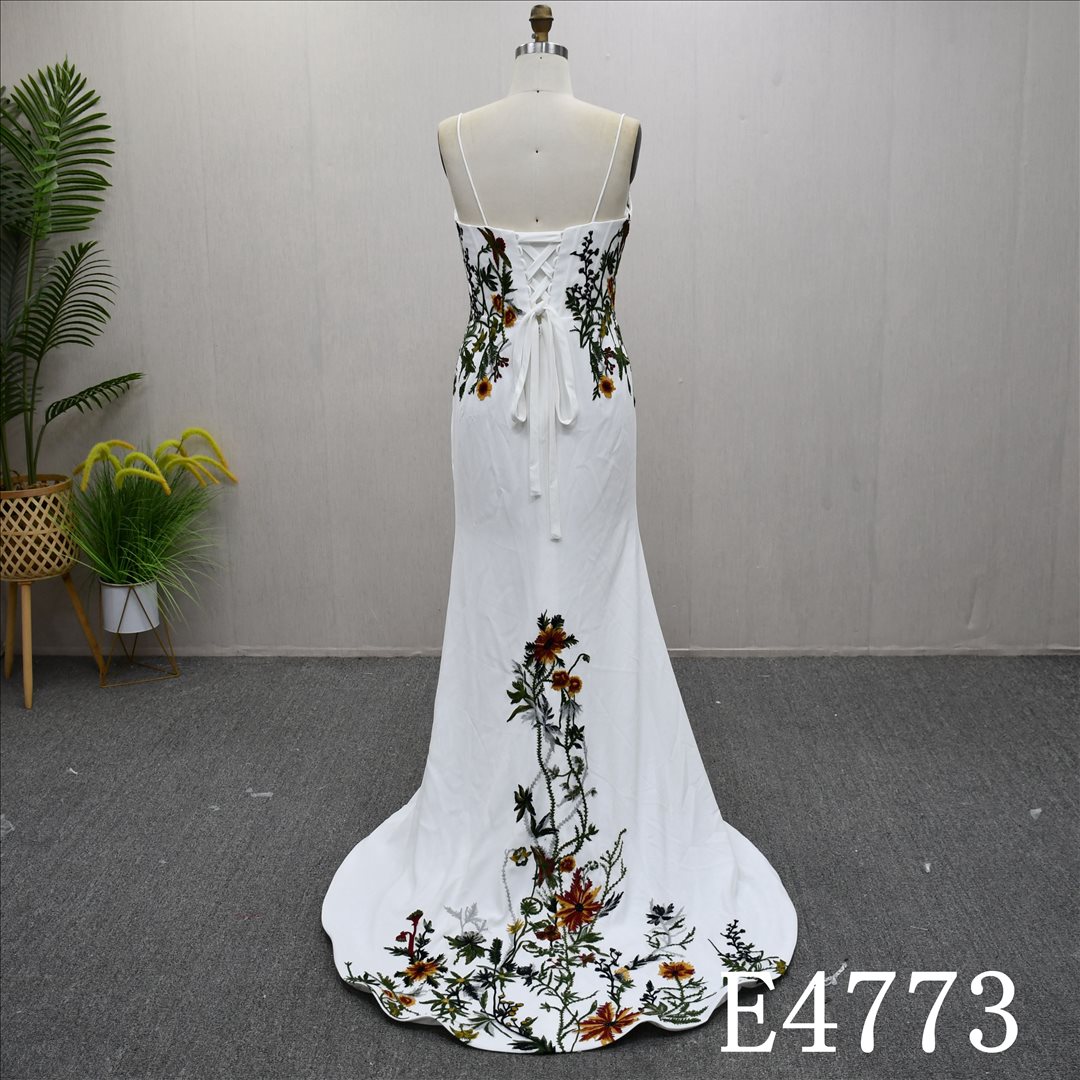 Guangzhou Evening Dress Factory White Spaghetti Strap Square Neck Mermaid Evening Gown Colorful Floral Embroidery Sweep Train Corset Lace Up Formal Prom Dress