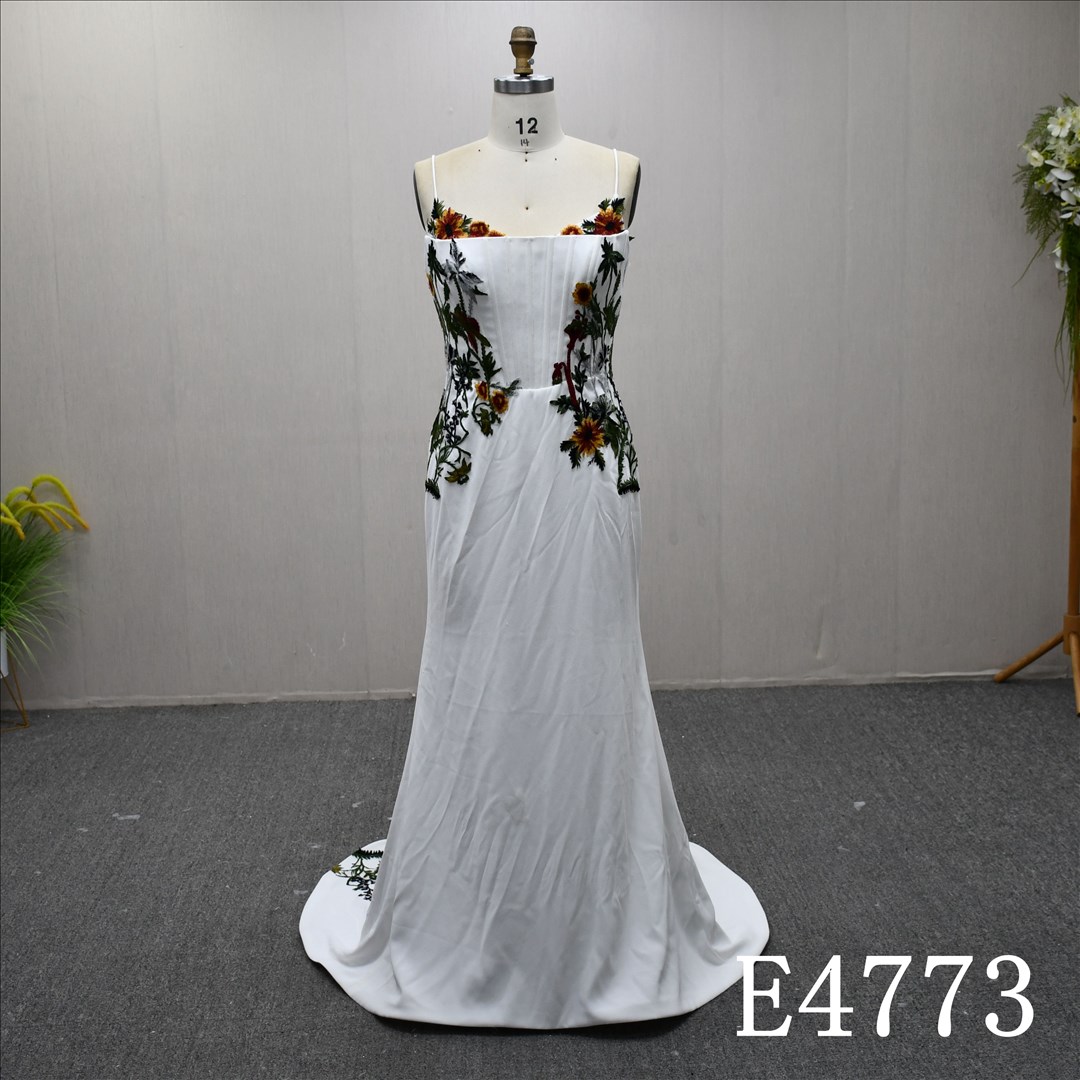 Guangzhou Evening Dress Factory White Spaghetti Strap Square Neck Mermaid Evening Gown Colorful Floral Embroidery Sweep Train Corset Lace Up Formal Prom Dress