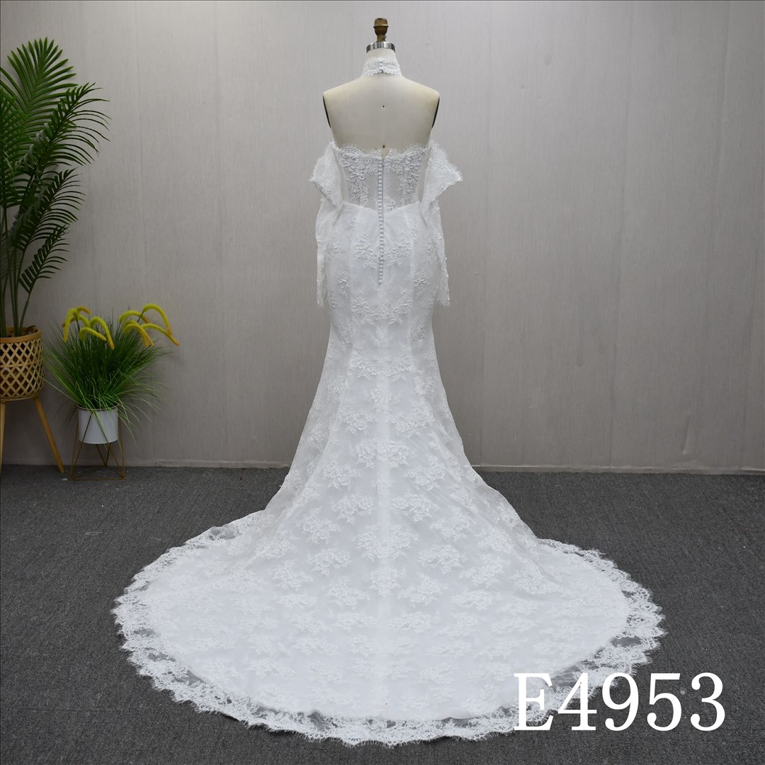 Guangzhou Bridal Gown Factory Off The Shoulder Strapless Mermaid Wedding Dress Full Lace Appliques Chapel Train Button Back Bridal Gown