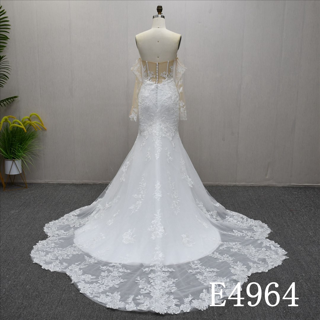 Guangzhou Bridal Gown Factory Off The Shoulder Strapless Mermaid Wedding Dress Full Lace Appliques Chapel Train Button Back Bridal Gown