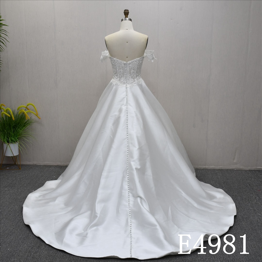 Guangzhou Bridal Gown Factory Off The Shoulder A Line Wedding Dress Lace Bodice Satin Skirt Pearl Button Back Chapel Train Bridal Gown