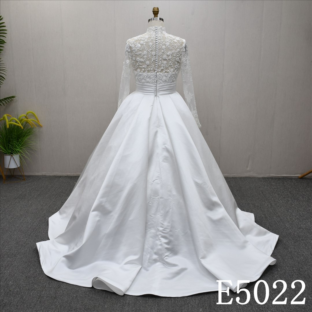 Guangzhou Bridal Gown Factory High Neck Long Sleeve Ballgown Wedding Dress Lace Bodice Satin Skirt Satin Sash Pearl Button Back Chapel Train Bridal Gown