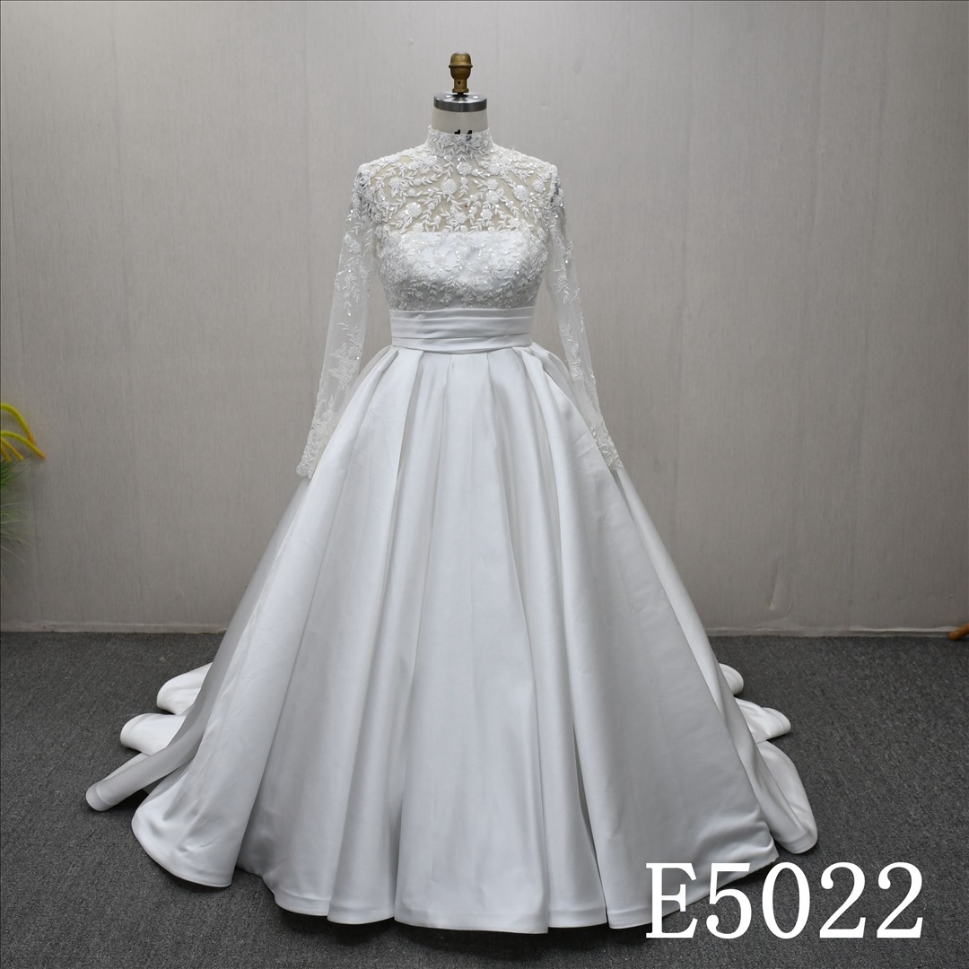 Guangzhou Bridal Gown Factory High Neck Long Sleeve Ballgown Wedding Dress Lace Bodice Satin Skirt Satin Sash Pearl Button Back Chapel Train Bridal Gown