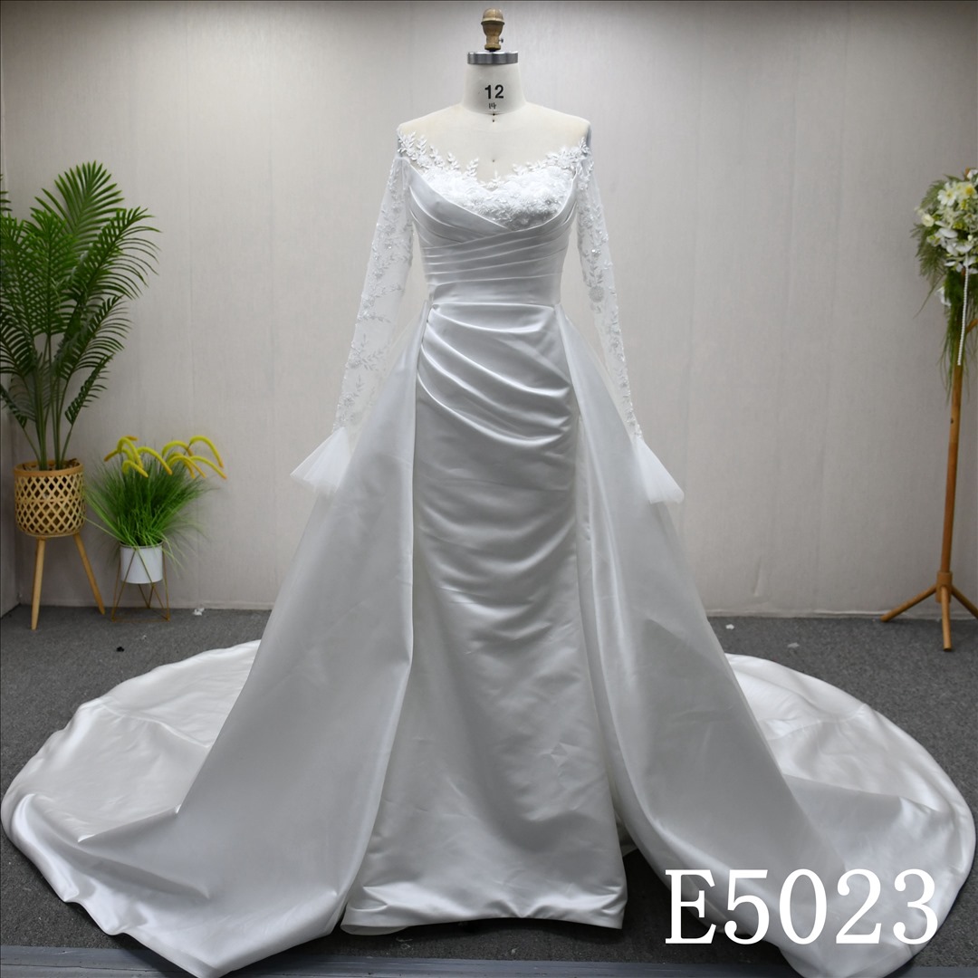 Guangzhou Bridal Gown Factory Off Shoulder Ruched Satin 2 In 1 Mermaid Wedding Dress Detachable Overskirt Long Flare Lace Sleeve Corset Lace Up Back Chapel Train Bridal Gown